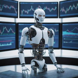 A futuristic robot busy with multiple monitors displaying dynamic graphs, numbers, and symbols related to stock trading.