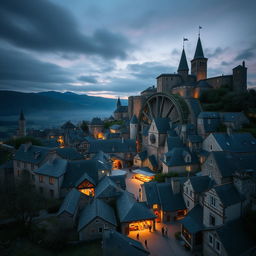 A small walled medieval town built like a giant wheel with a market in the center, shot on a 28 mm Kodak camera at twilight