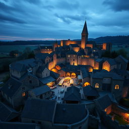 A small walled medieval town built like a giant wheel with a market in the center, shot on a 28 mm Kodak camera at twilight