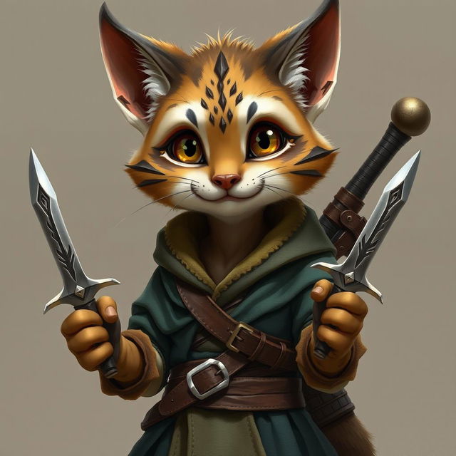 Create a realistic and cute Tabaxi rogue character from Dungeons & Dragons