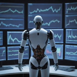 A futuristic robot busy with multiple monitors displaying dynamic graphs, numbers, and symbols related to stock trading.