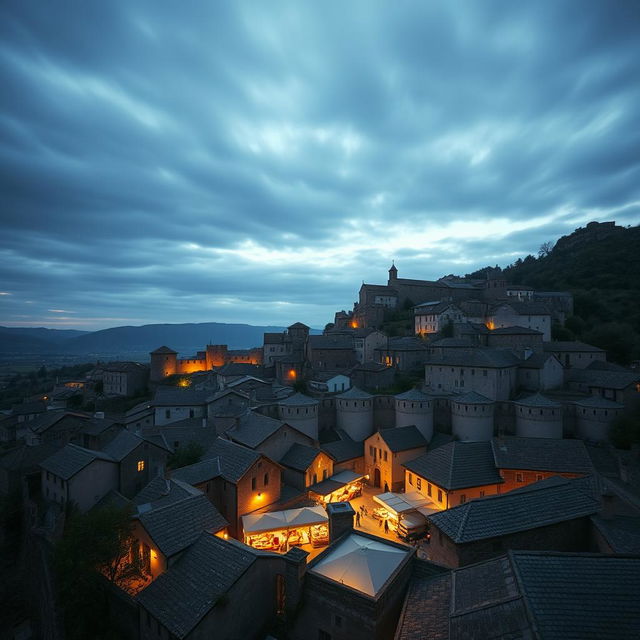 A small medieval walled town built like a giant wheel with its market in the center, shot on a 28 mm Kodak camera at twilight