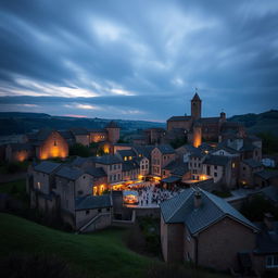 A small medieval walled town built like a giant wheel with its market in the center, shot on a 28 mm Kodak camera at twilight