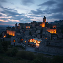 A small medieval walled town built like a giant wheel with its market in the center, shot on a 28 mm Kodak camera at twilight