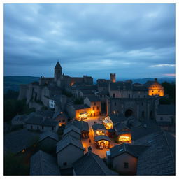 A small medieval walled town built like a giant wheel with its market in the center, shot on a 28 mm Kodak camera at twilight