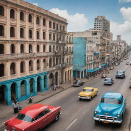 A bustling view of Cuba reflecting modern capitalist influences, with vibrant businesses, thriving markets, high-rise buildings and busy streets.