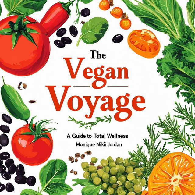 Create a vibrant and inviting printable cookbook cover titled 'The Vegan Voyage: A Guide to Total Wellness' by Monique Nikki Jordan, featuring fresh, natural colors, illustrations of vegetables, fruits, herbs, black beans, and chickpeas, with an elegant italic font and a clean, modern design