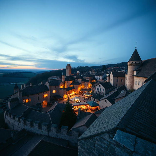 A round walled medieval city with its market in the center, shot on a 28 mm Kodak camera at twilight