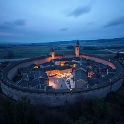 A round walled medieval city with its market in the center, shot on a 28 mm Kodak camera at twilight