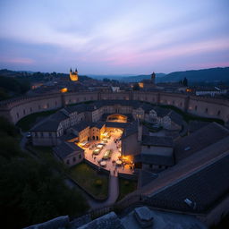 A round walled medieval city with its market in the center, shot on a 28 mm Kodak camera at twilight