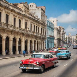 A bustling view of Cuba reflecting modern capitalist influences, with vibrant businesses, thriving markets, high-rise buildings and busy streets.