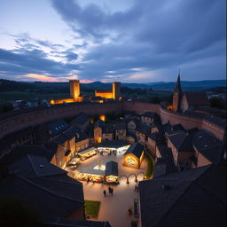 A round walled medieval city with its market in the center, shot on a 28 mm Kodak camera at twilight