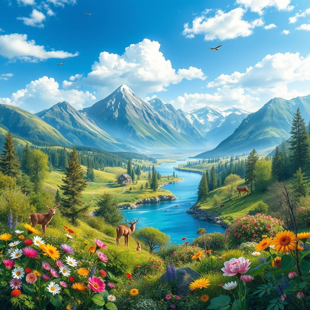 Create a vibrant and colorful image showcasing a beautiful landscape with mountains, rivers, and a clear blue sky