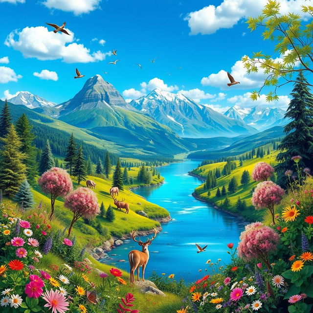 Create a vibrant and colorful image showcasing a beautiful landscape with mountains, rivers, and a clear blue sky