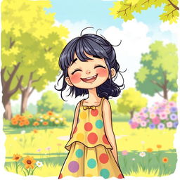 A detailed and vibrant illustration of a young girl with a joyful expression, standing in a sunny park with trees and flowers around her