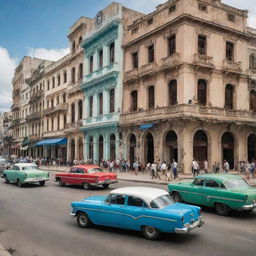 A bustling view of Cuba reflecting modern capitalist influences, with vibrant businesses, thriving markets, high-rise buildings and busy streets.