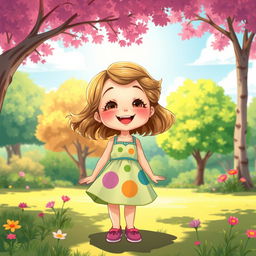 A detailed and vibrant illustration of a young girl with a joyful expression, standing in a sunny park with trees and flowers around her