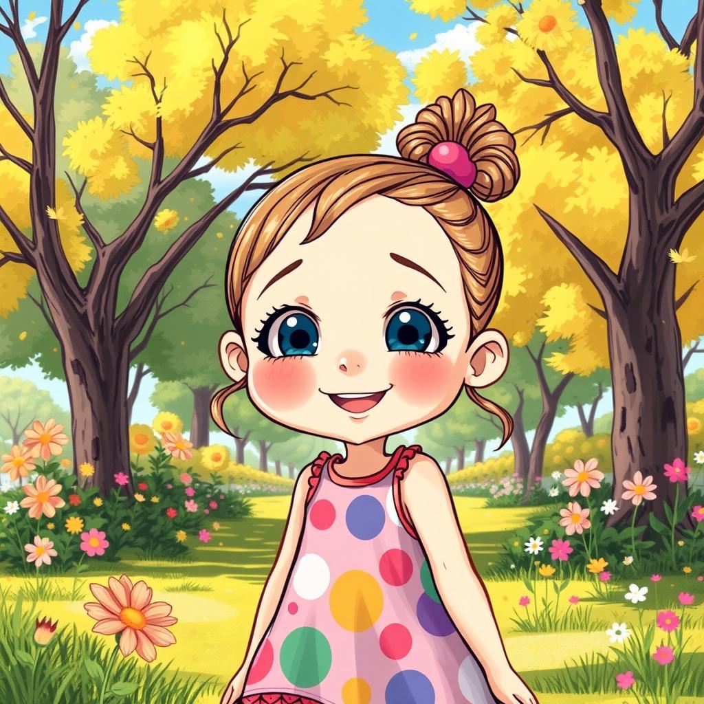 A detailed and vibrant illustration of a young girl with a joyful expression, standing in a sunny park with trees and flowers around her