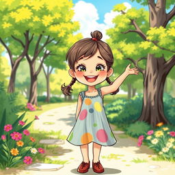 A detailed and vibrant illustration of a young girl with a joyful expression, standing in a sunny park with trees and flowers around her