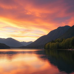 A serene landscape featuring a beautiful sunrise over a calm lake surrounded by lush green trees and mountains in the background