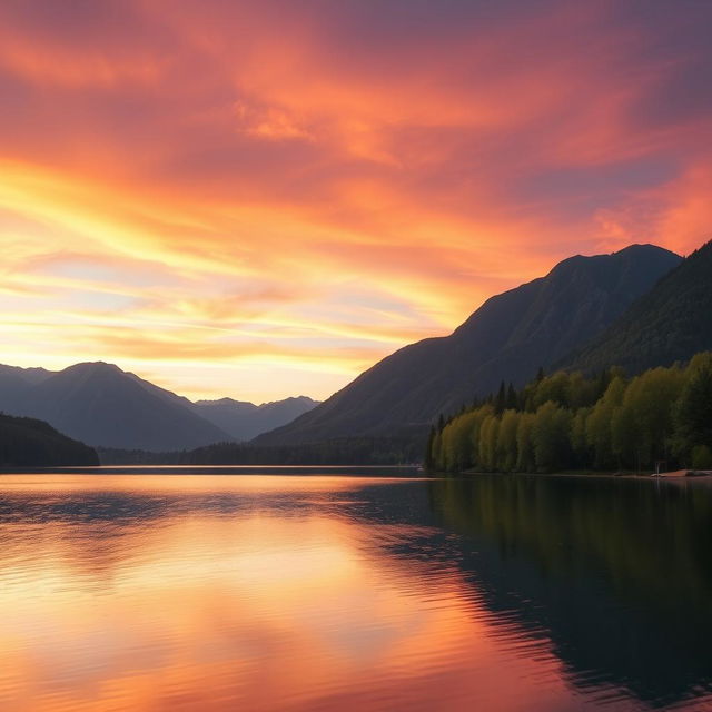 A serene landscape featuring a beautiful sunrise over a calm lake surrounded by lush green trees and mountains in the background