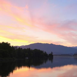 A serene landscape featuring a beautiful sunrise over a calm lake surrounded by lush green trees and mountains in the background