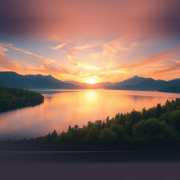 A serene landscape featuring a beautiful sunrise over a calm lake surrounded by lush green trees and mountains in the background