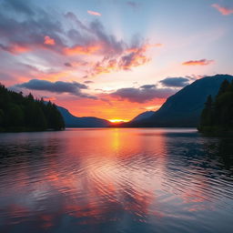 A serene landscape featuring a beautiful sunrise over a calm lake surrounded by lush green trees and mountains in the background