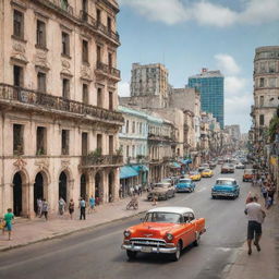 A bustling view of Cuba reflecting modern capitalist influences, with vibrant businesses, thriving markets, high-rise buildings and busy streets.