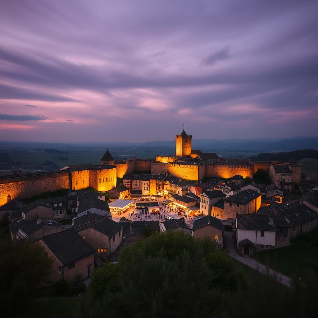 A small round walled medieval city with its market in the center, shot on a 28 mm Kodak camera at twilight