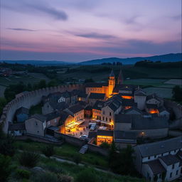 A small round walled medieval city with its market in the center, shot on a 28 mm Kodak camera at twilight