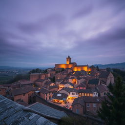 A small round walled medieval city with its market in the center, shot on a 28 mm Kodak camera at twilight