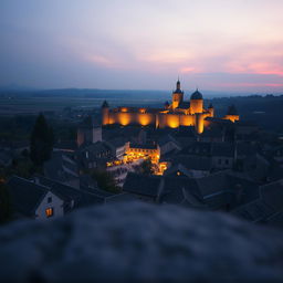 A small round walled medieval city with its market in the center, shot on a 28 mm Kodak camera at twilight