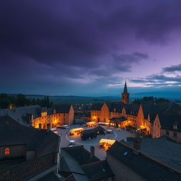 A small round walled medieval city with its market in the center during the middle-ages, shot on a 28 mm Kodak camera at twilight