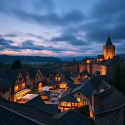 A small round walled medieval city with its market in the center during the middle-ages, shot on a 28 mm Kodak camera at twilight