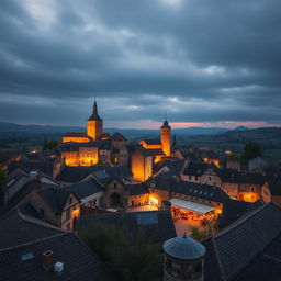 A small round walled medieval city with its market in the center during the middle-ages, shot on a 28 mm Kodak camera at twilight