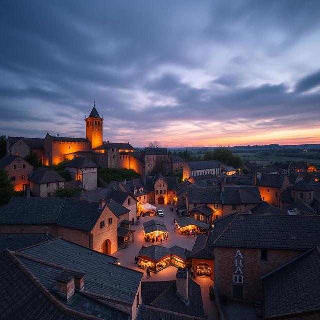 A small round walled medieval city with its market in the center during the middle-ages, shot on a 28 mm Kodak camera at twilight