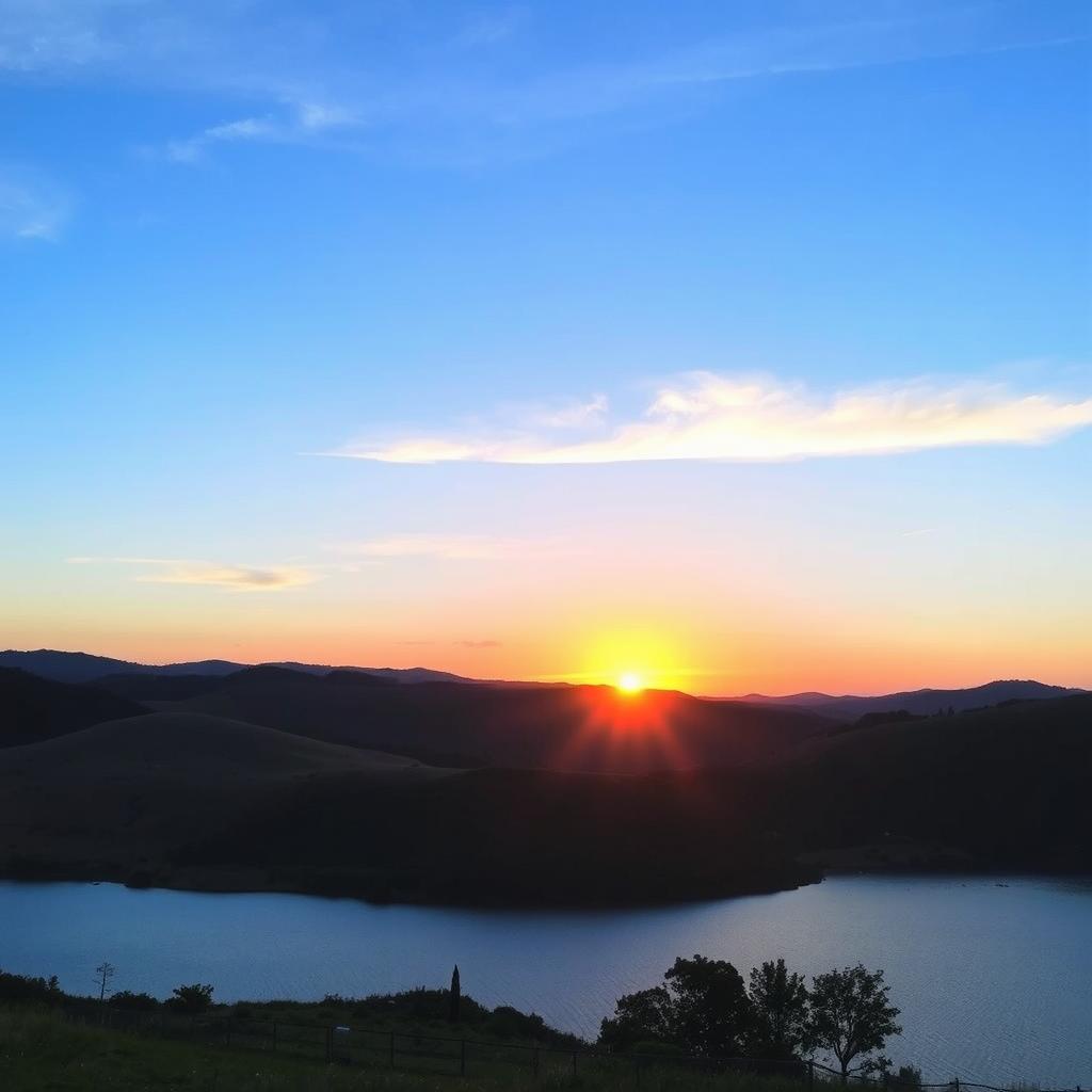 A beautiful landscape featuring rolling hills, a clear blue sky, and a vibrant sunset casting warm colors over a tranquil lake