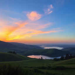 A beautiful landscape featuring rolling hills, a clear blue sky, and a vibrant sunset casting warm colors over a tranquil lake