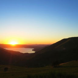 A beautiful landscape featuring rolling hills, a clear blue sky, and a vibrant sunset casting warm colors over a tranquil lake