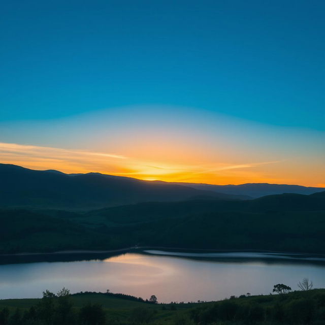 A beautiful landscape featuring rolling hills, a clear blue sky, and a vibrant sunset casting warm colors over a tranquil lake