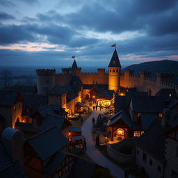 A small round walled Dungeons & Dragons city with its market in the center during the middle-ages, shot on a 28 mm Kodak camera at twilight