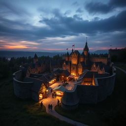 A small round walled Dungeons & Dragons city with its market in the center during the middle-ages, shot on a 28 mm Kodak camera at twilight