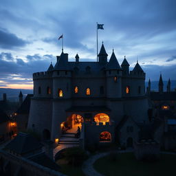 A small round walled Dungeons & Dragons city with its market in the center during the middle-ages, shot on a 28 mm Kodak camera at twilight