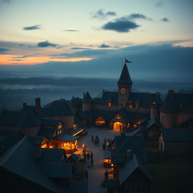 A small round walled Dungeons & Dragons city with its market in the center during the middle-ages, shot on a 28 mm Kodak camera at twilight