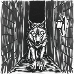 A hand-drawn image of a wolf in a poorly lit alley, rendered in black and white