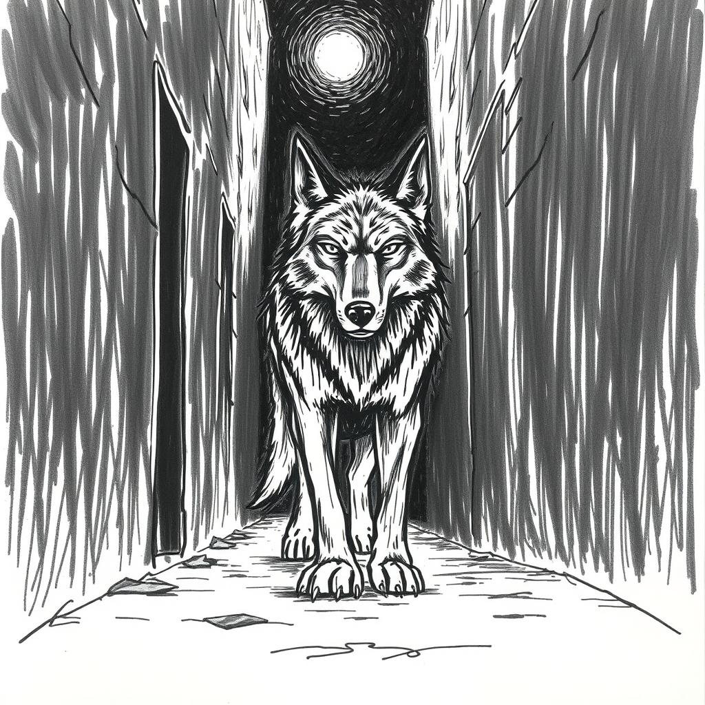 A hand-drawn image of a wolf in a poorly lit alley, rendered in black and white