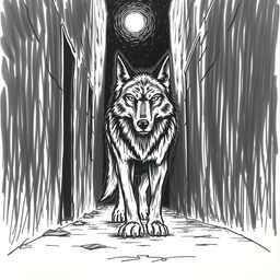 A hand-drawn image of a wolf in a poorly lit alley, rendered in black and white