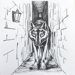 A hand-drawn image of a wolf in a poorly lit alley, rendered in black and white