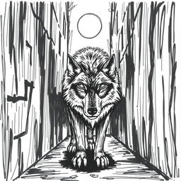 A hand-drawn image of a wolf in a poorly lit alley, rendered in black and white